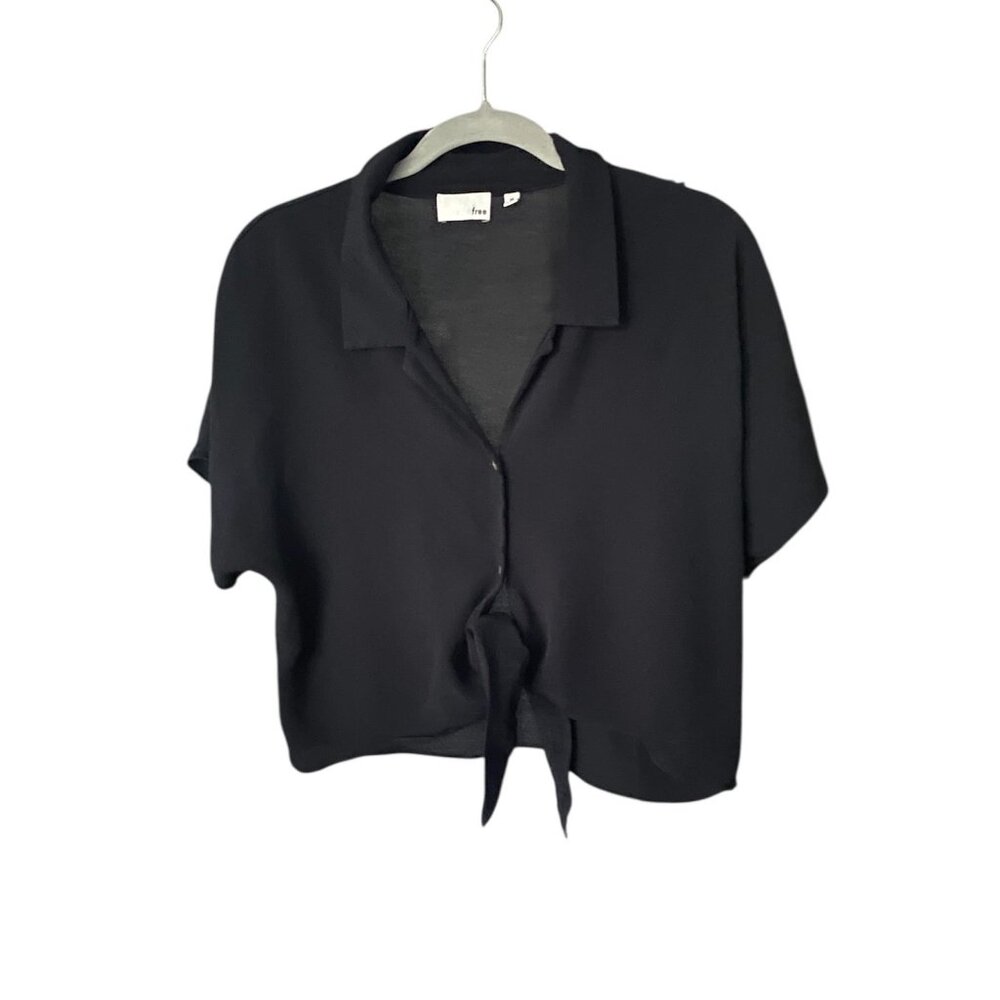 Aritzia Black Short-Sleeve Button-Down Tie Front Top